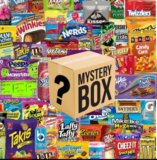 American Mystery box, chocolate, crisp, drinks, snacks